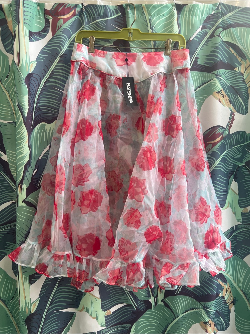 NWT sheer Batsheva Red Rose on baby blue Chiffon Flounce Romantic Skirt 8